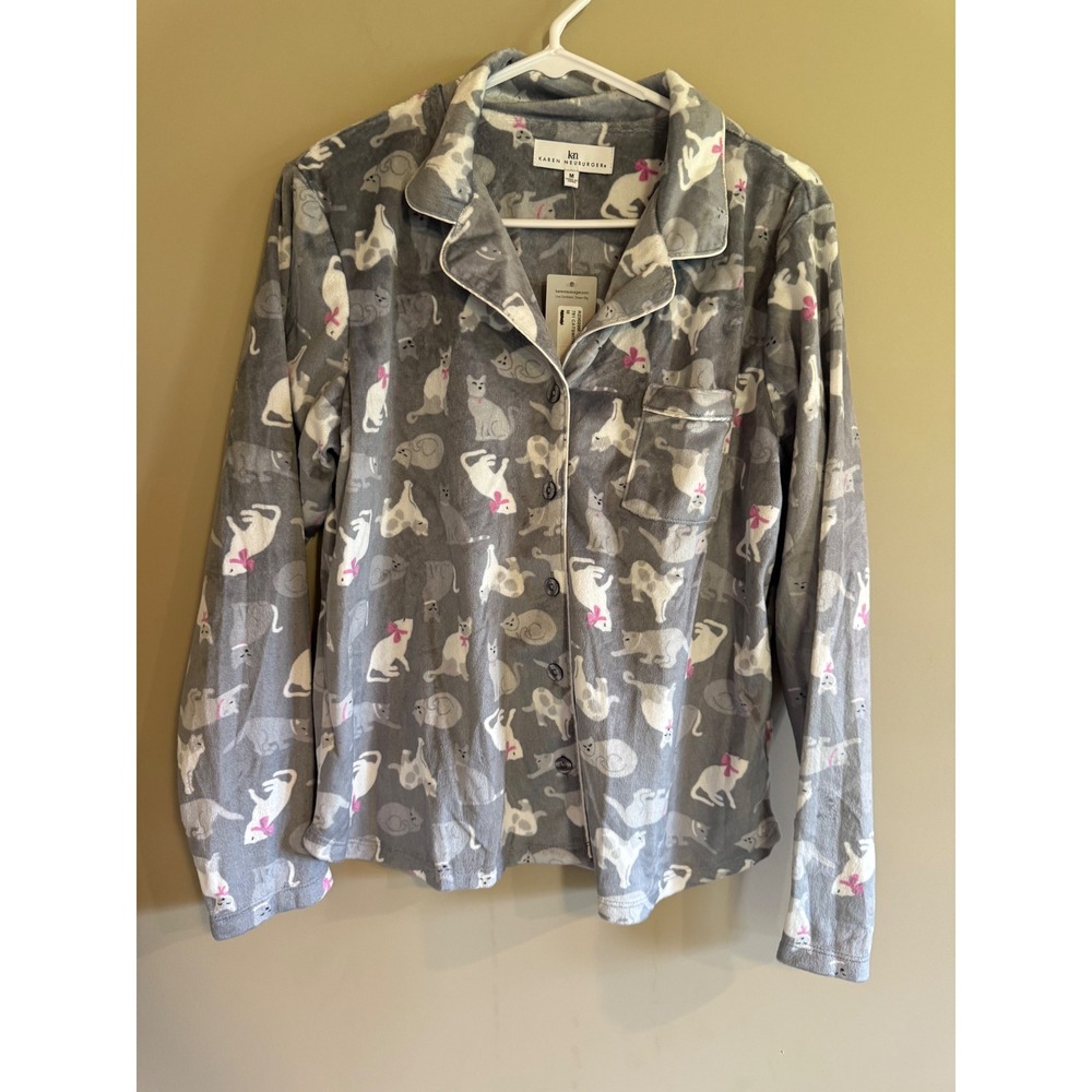 Karen Neuburger Womens Grey Cat‎ Print Fleece Pajama Set Long Sleeve RZ0029M M